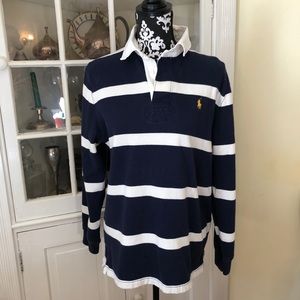 Ralph Lauren Navy White Striped Cotton Rugby shirt - Mens medium.